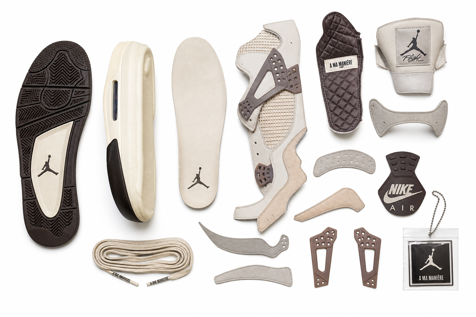 Exploded sneaker construction flat lay